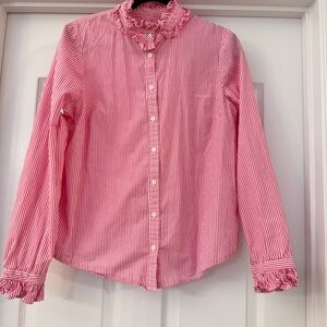 J Crew Pink White Striped Button Down Shirt Ruffle Collar Cuffs Women's M Office